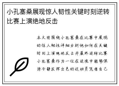 小孔塞桑展现惊人韧性关键时刻逆转比赛上演绝地反击