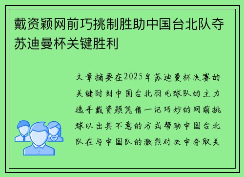 戴资颖网前巧挑制胜助中国台北队夺苏迪曼杯关键胜利